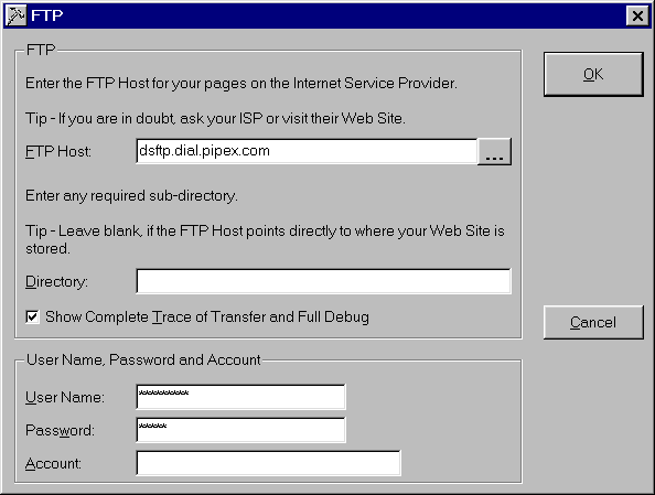 FTP Settings dialog